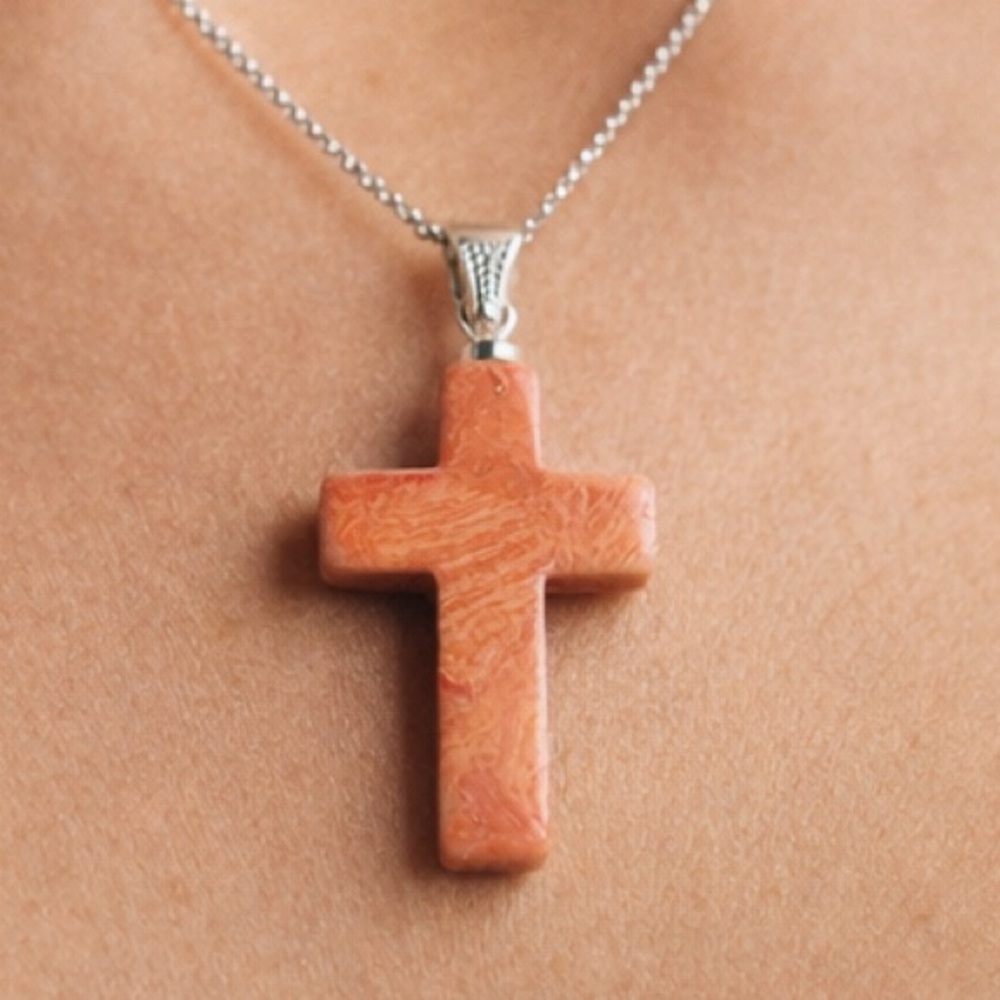 Elegant Silver and Orange Cross Pendant Coral Devotional Gift Keepsake Religous